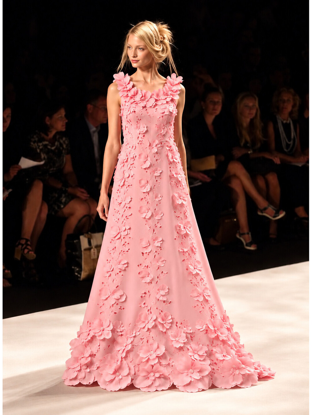 Badgley Mischka Pink 3D Floral Appliqué Gown Formal Prom Wedding Guest sz 4